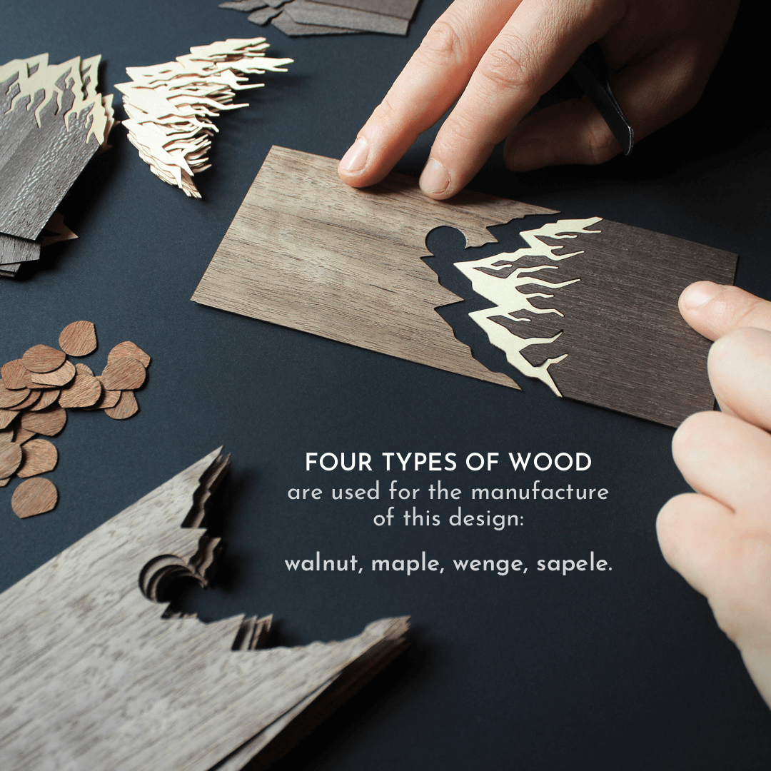 Four types of wood are used for the manufacture of this design: walnut, maple, wenge, sapele.