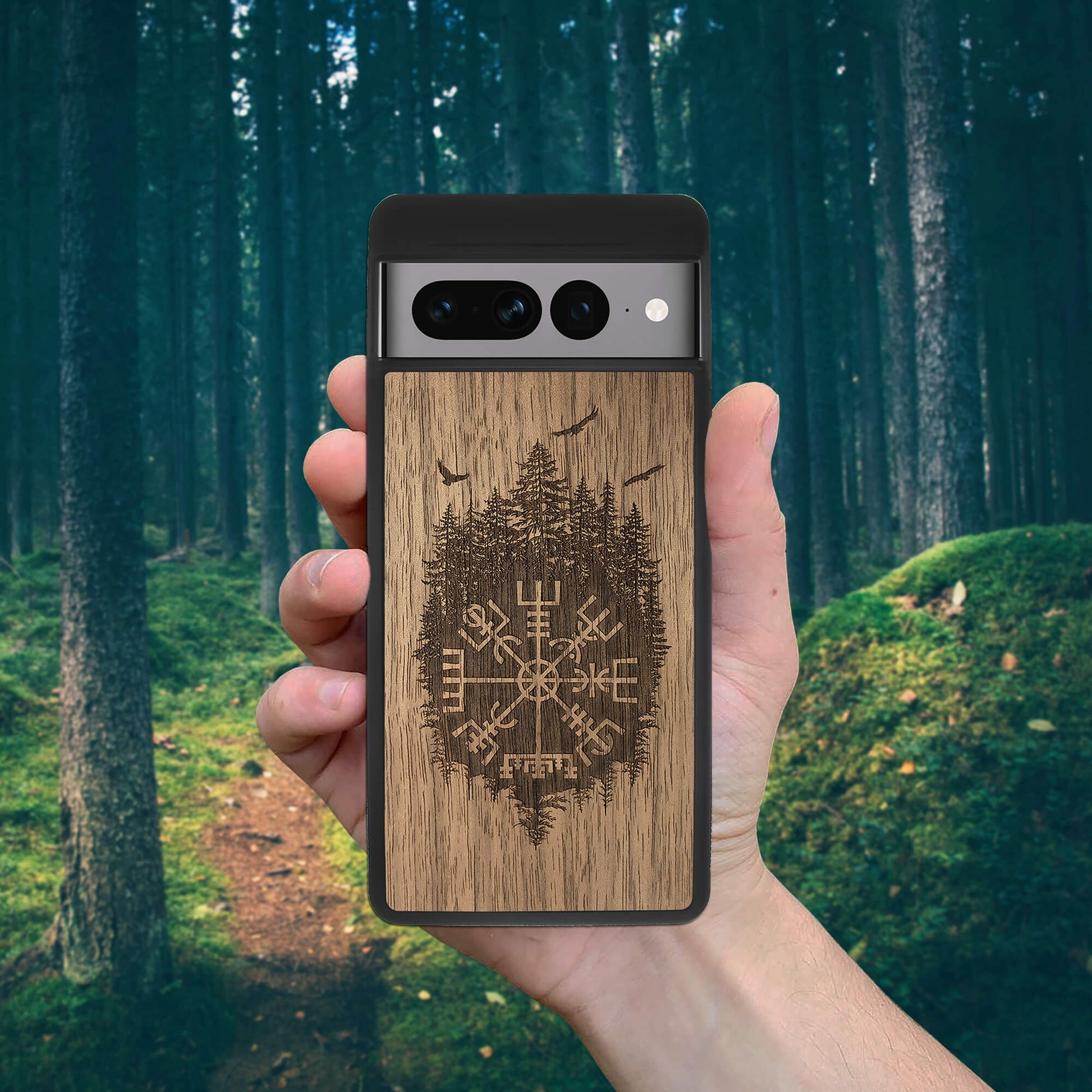 Wood Pixel 7 Case Viking Compass Vegvisir