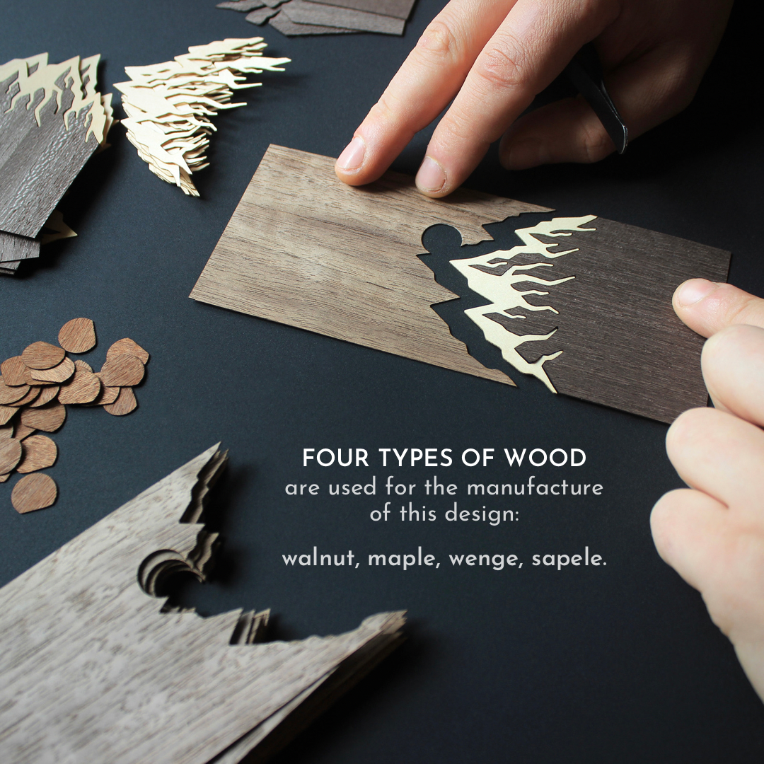 Four types of wood are used for the manufacture of this design: walnut, maple, wenge, sapele.