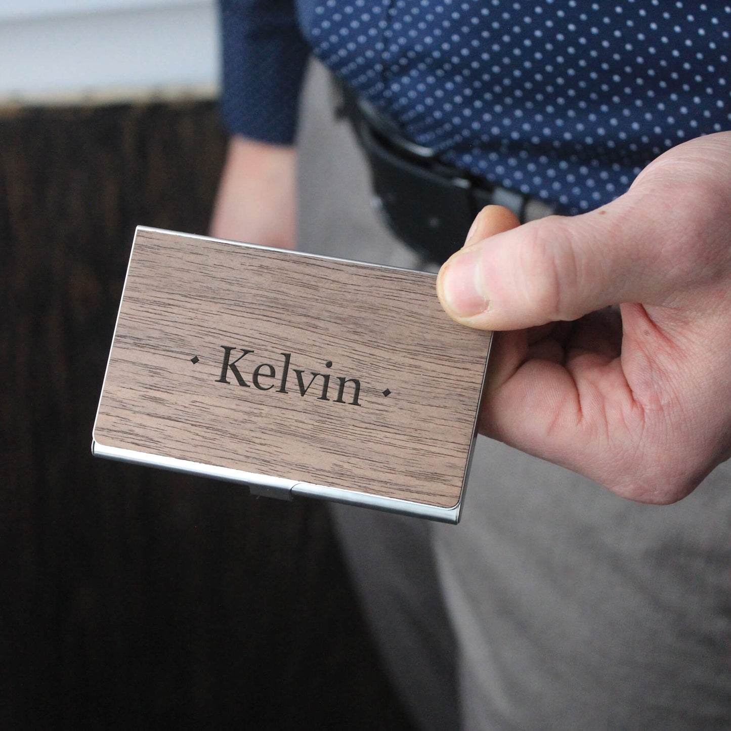 Custom Wood & Metal Business Card Holder Case