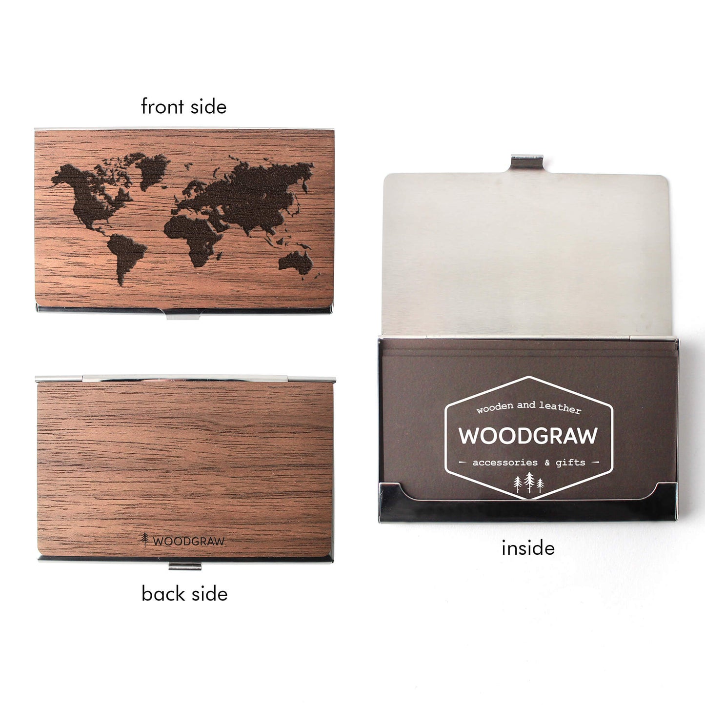 World Map - Wood & Metal Business Card Holder
