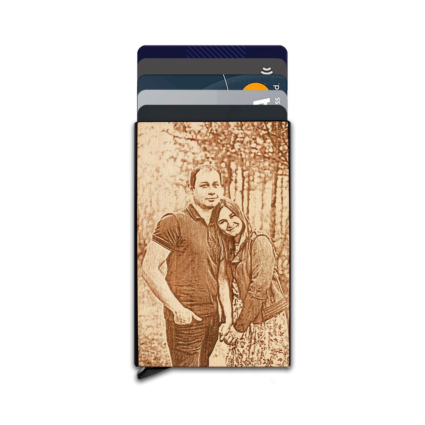 Custom Photo - Wood & Metal Credit Card Holder with Pop Up