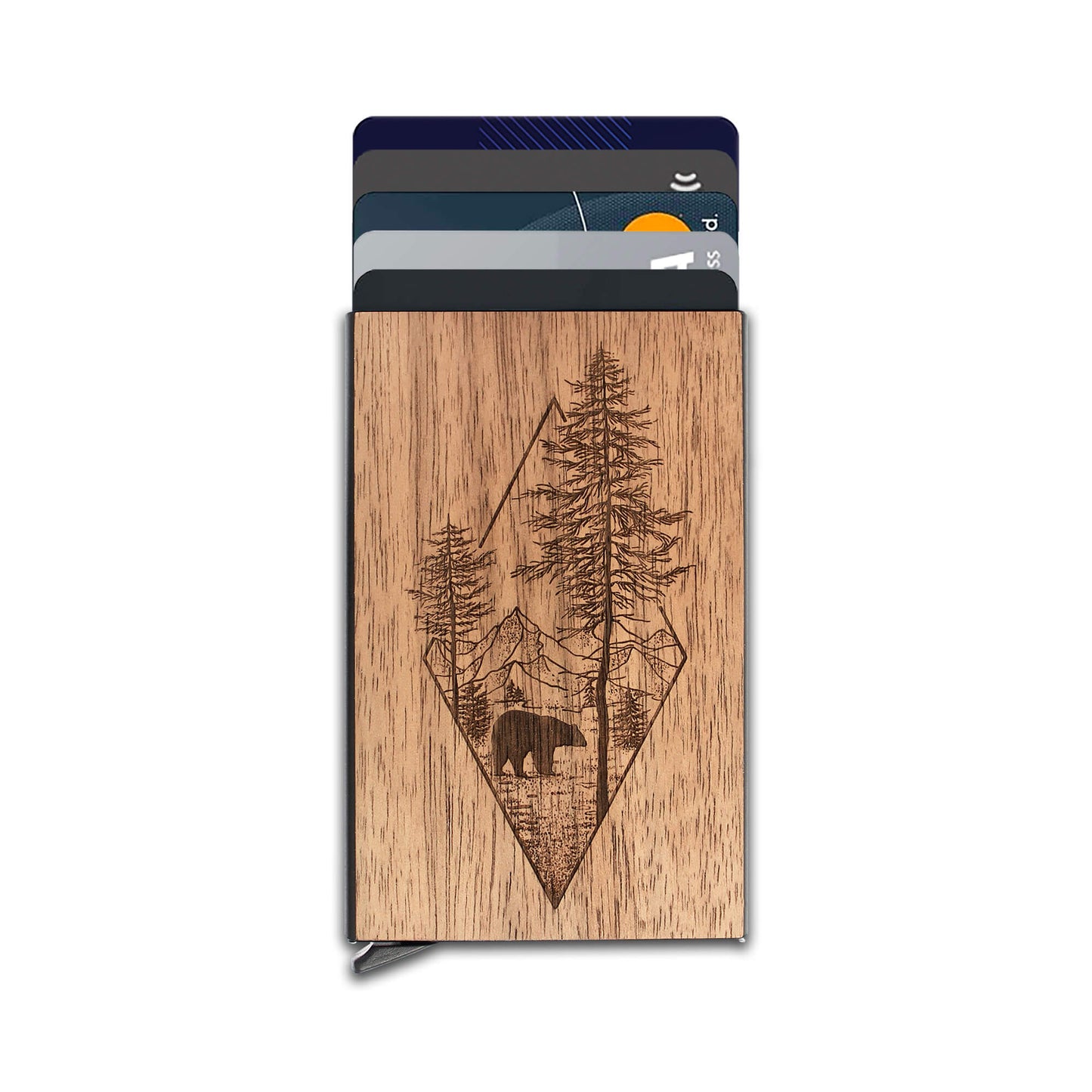 Woodland Bear - Wood & Metal Credit Card Holder with Pop Up