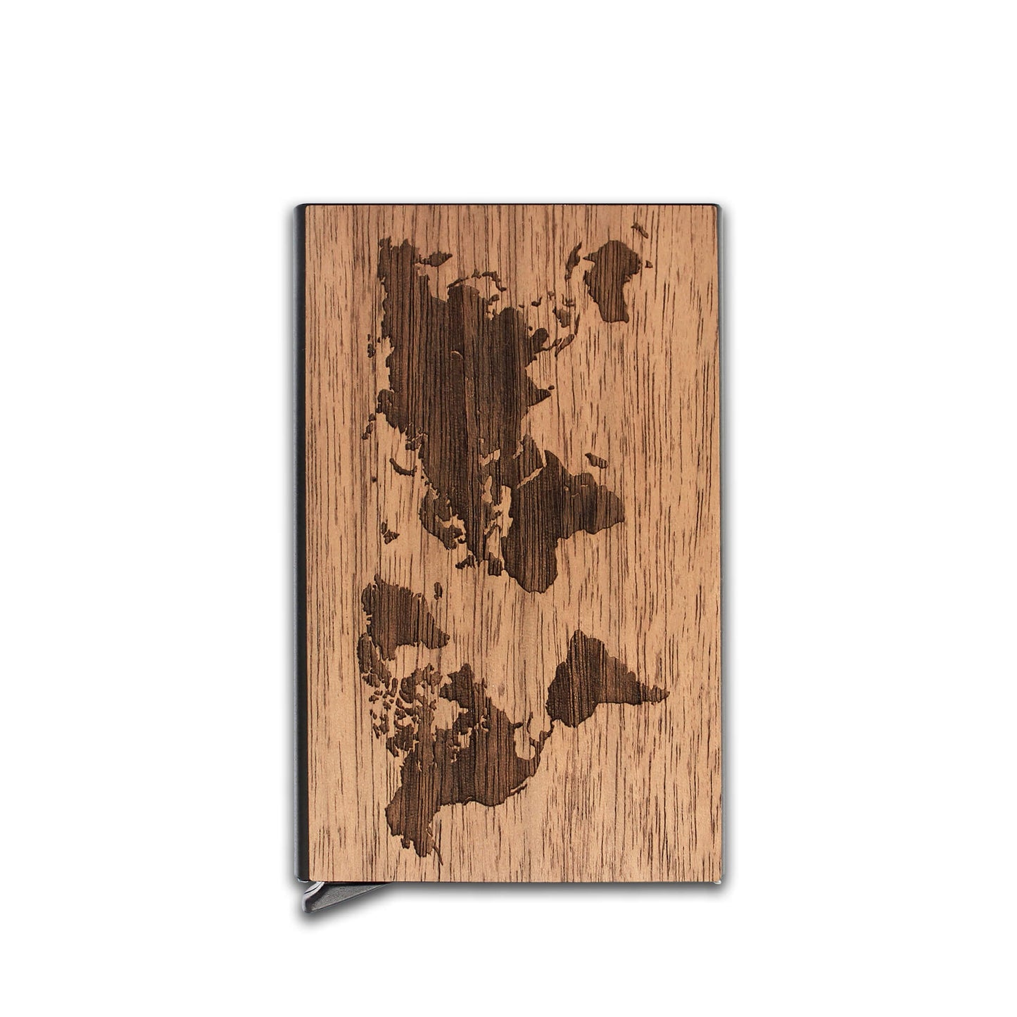 World Map - Wood & Metal Credit Card Holder with Pop Up