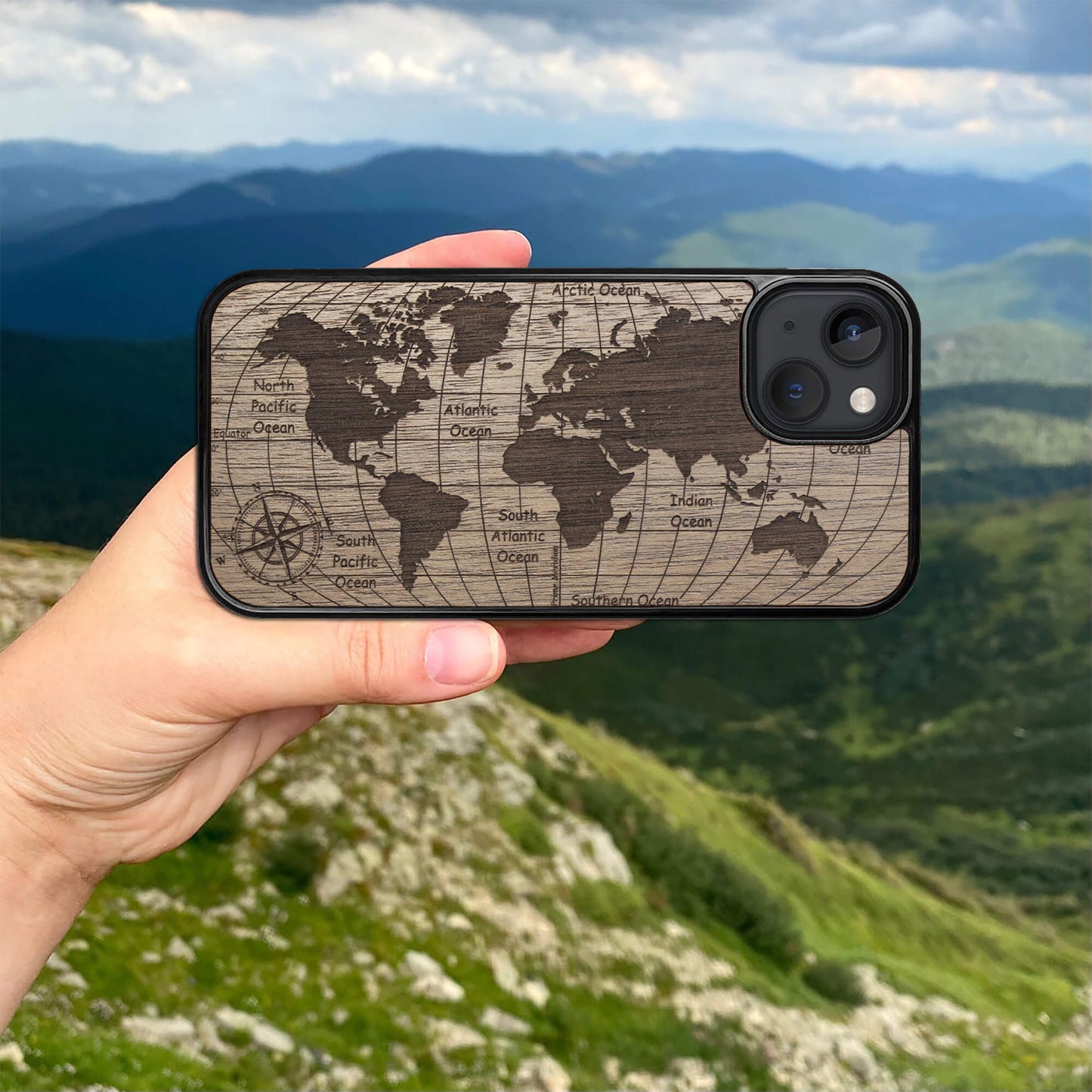 Wood iPhone 14 Plus Case World Map