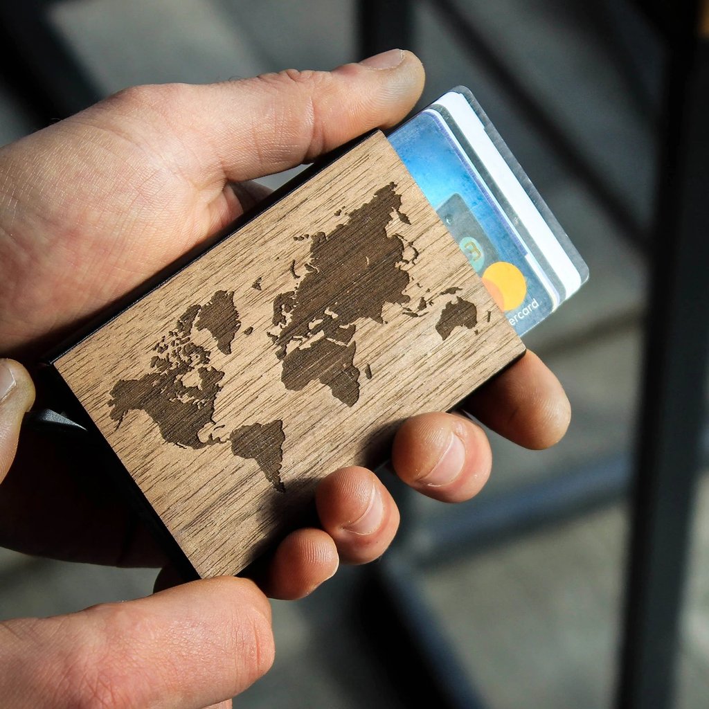 World Map - Wood & Metal Credit Card Holder with Pop Up