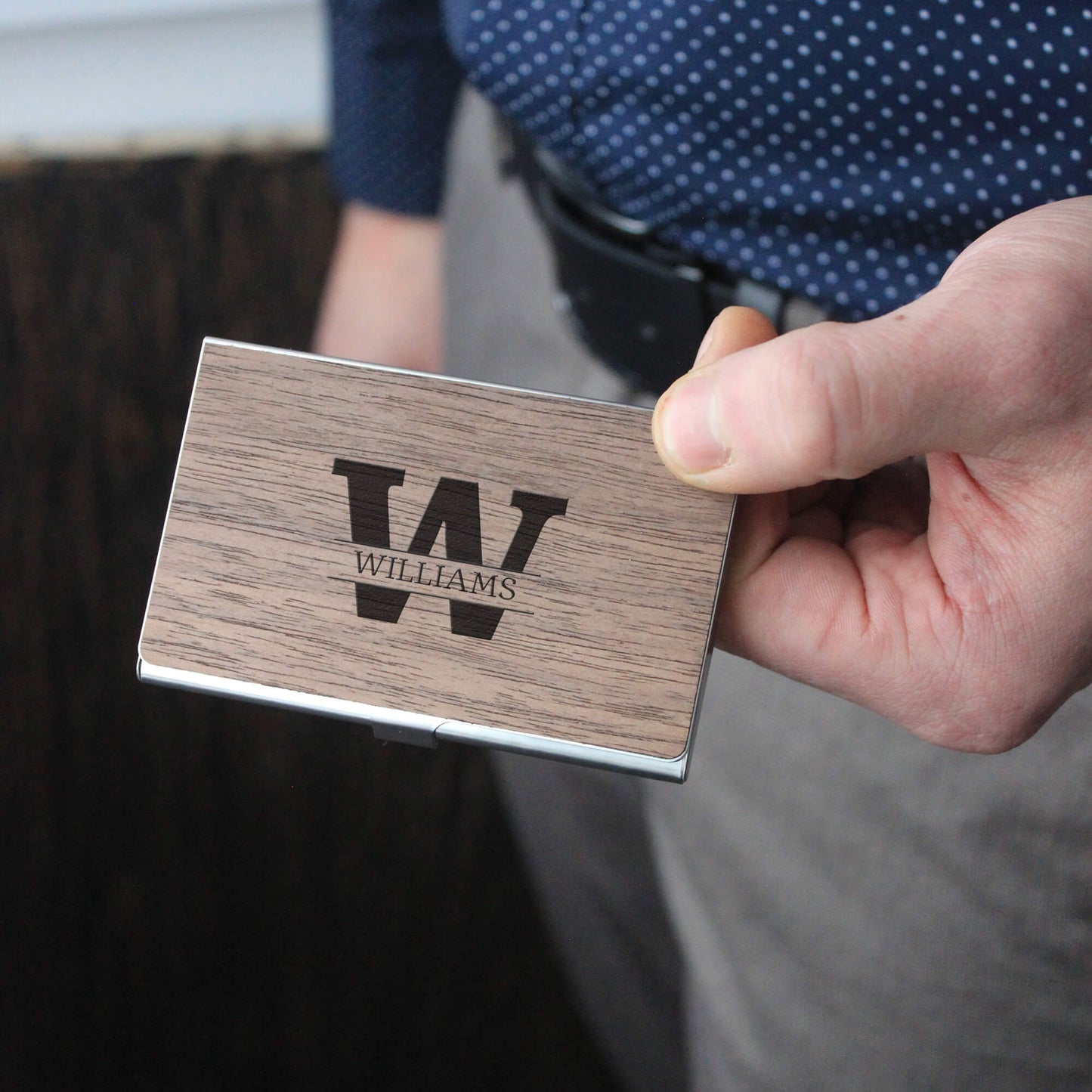 Personalized Wood & Metal Business Card Holder