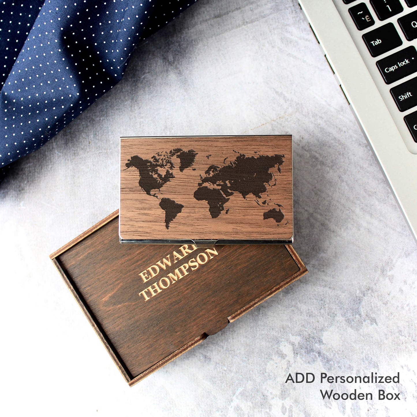 World Map - Wood & Metal Business Card Holder