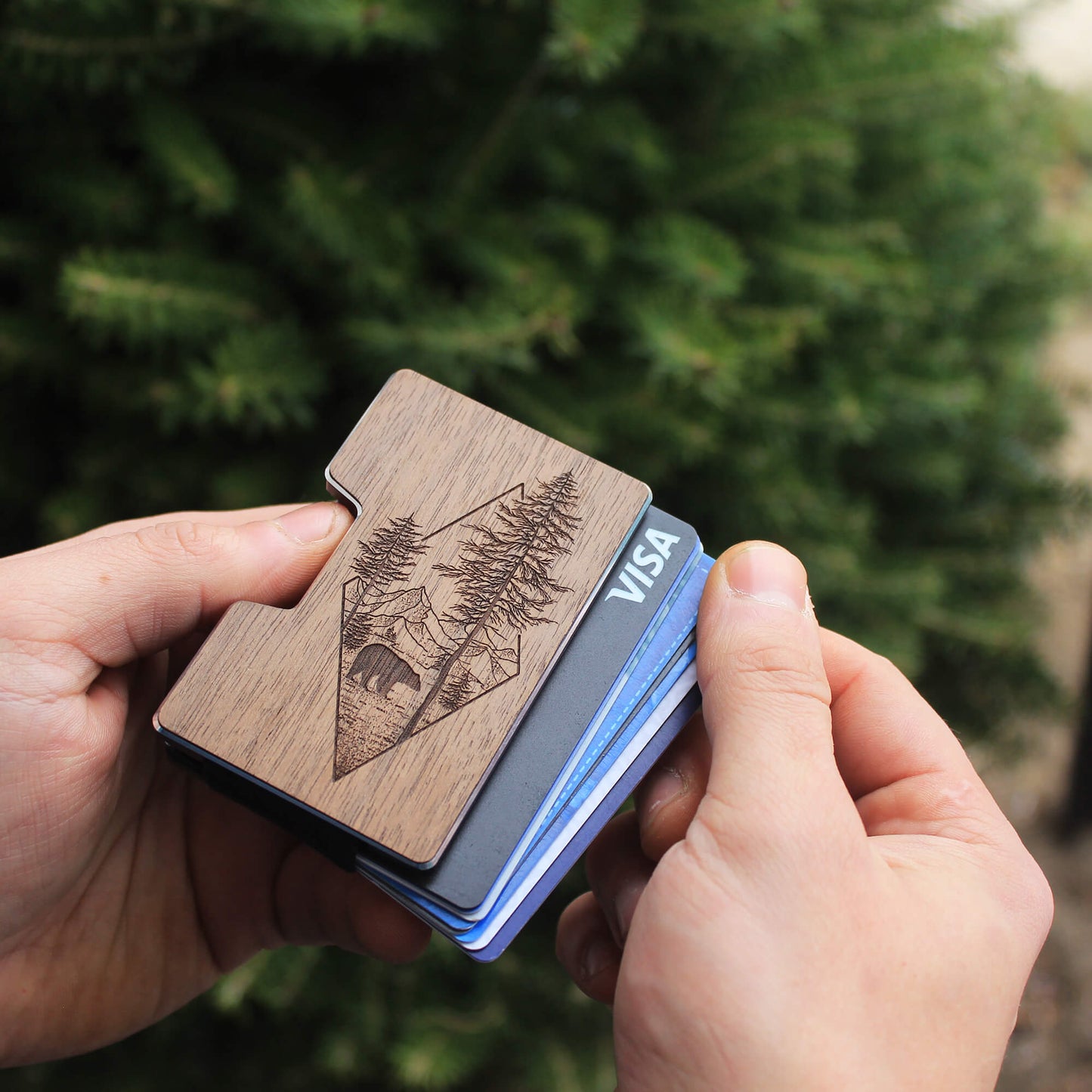 Woodland Bear - Wooden Credit Card Holder with Money Clip Wallet