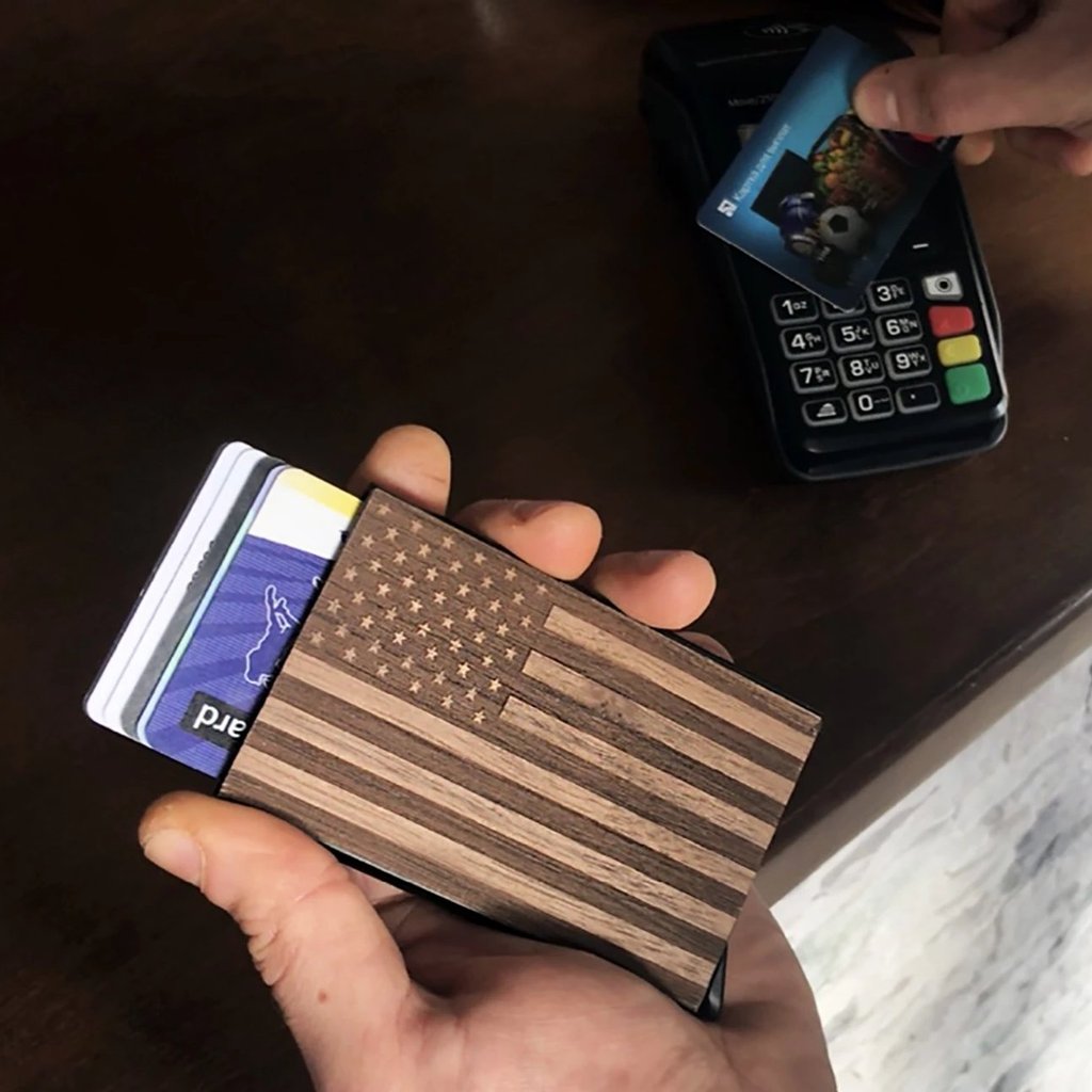 Us Flag - Wood & Metal Credit Card Holder with Pop Up