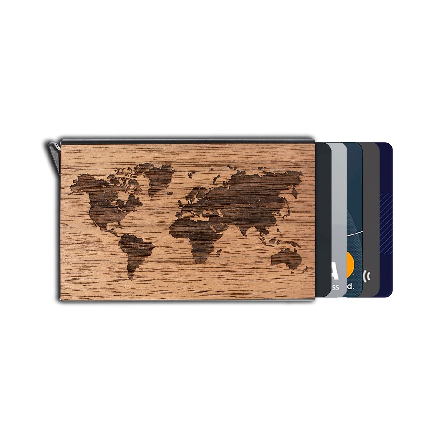World Map - Wood & Metal Credit Card Holder with Pop Up
