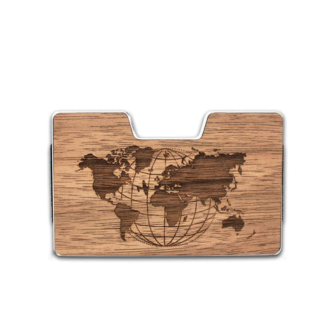 World Map - Wooden Credit Card Holder with Money Clip Wallet